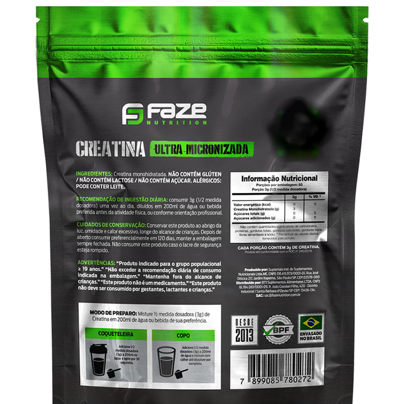 Creatina Monohidratada 100% Pura 250g Faze Nutrition + Coqueteleira 600ML(Brinde)